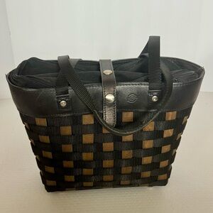 Longaberger Black and Brown Woven basket purse with zip up liner and protector